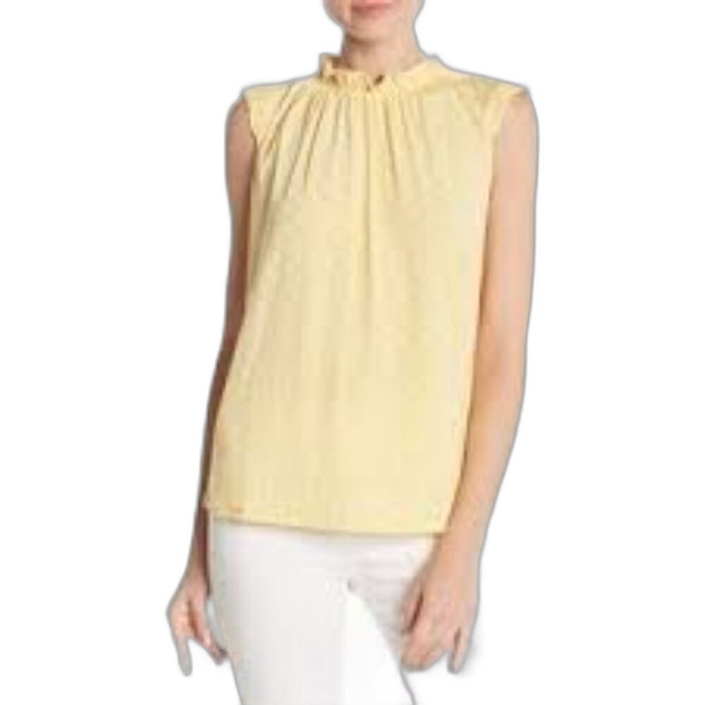 Adrianna Papell Floral Ruffled Neck Top Yellow White Cap Sleeve Knit Medium